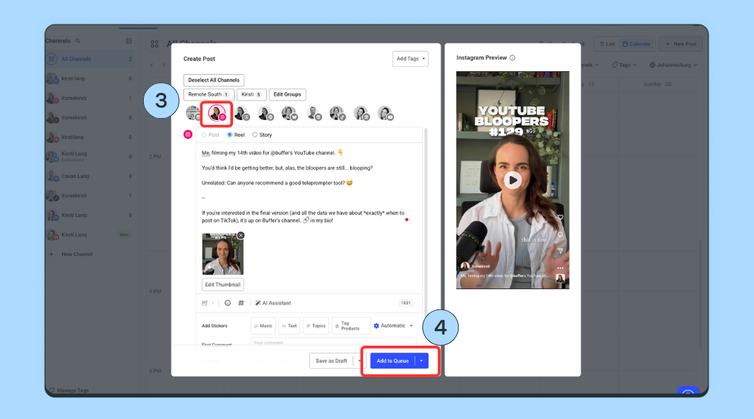 Screenshots showing how to schedule on Instagram with Buffer