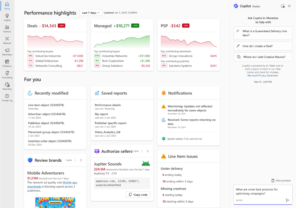 Microsoft Monetize homepage performance highlights example.