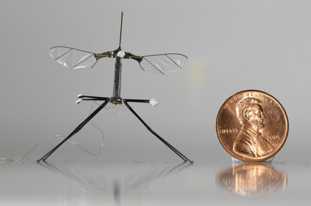 Image of the RoboBee with insect-inspired legs standing next to a US penny for scale.
