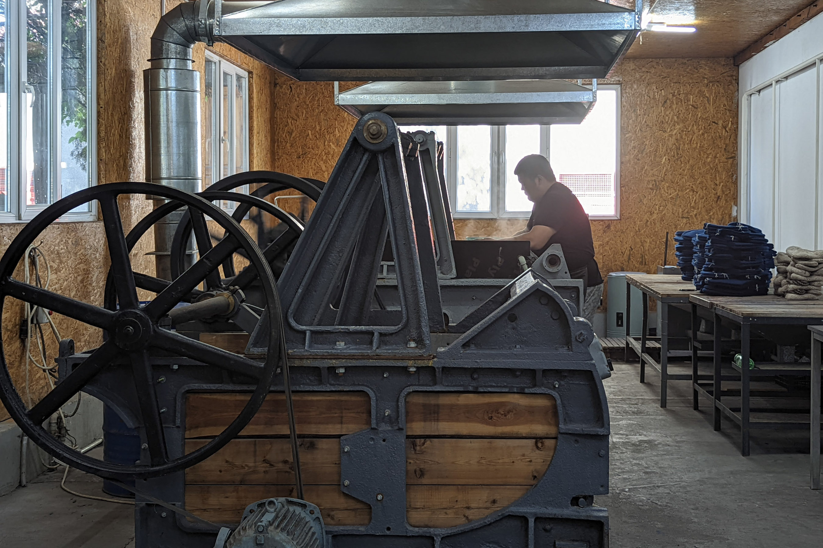 The Tumar team found these metal components in a scrap heap and restored them into this two-hammer machine for pressing felted shoes — “the most complicated process in the production of felt,” according to Makashova. “No one makes this kind of equipment nowadays. It is possible only by special order.”