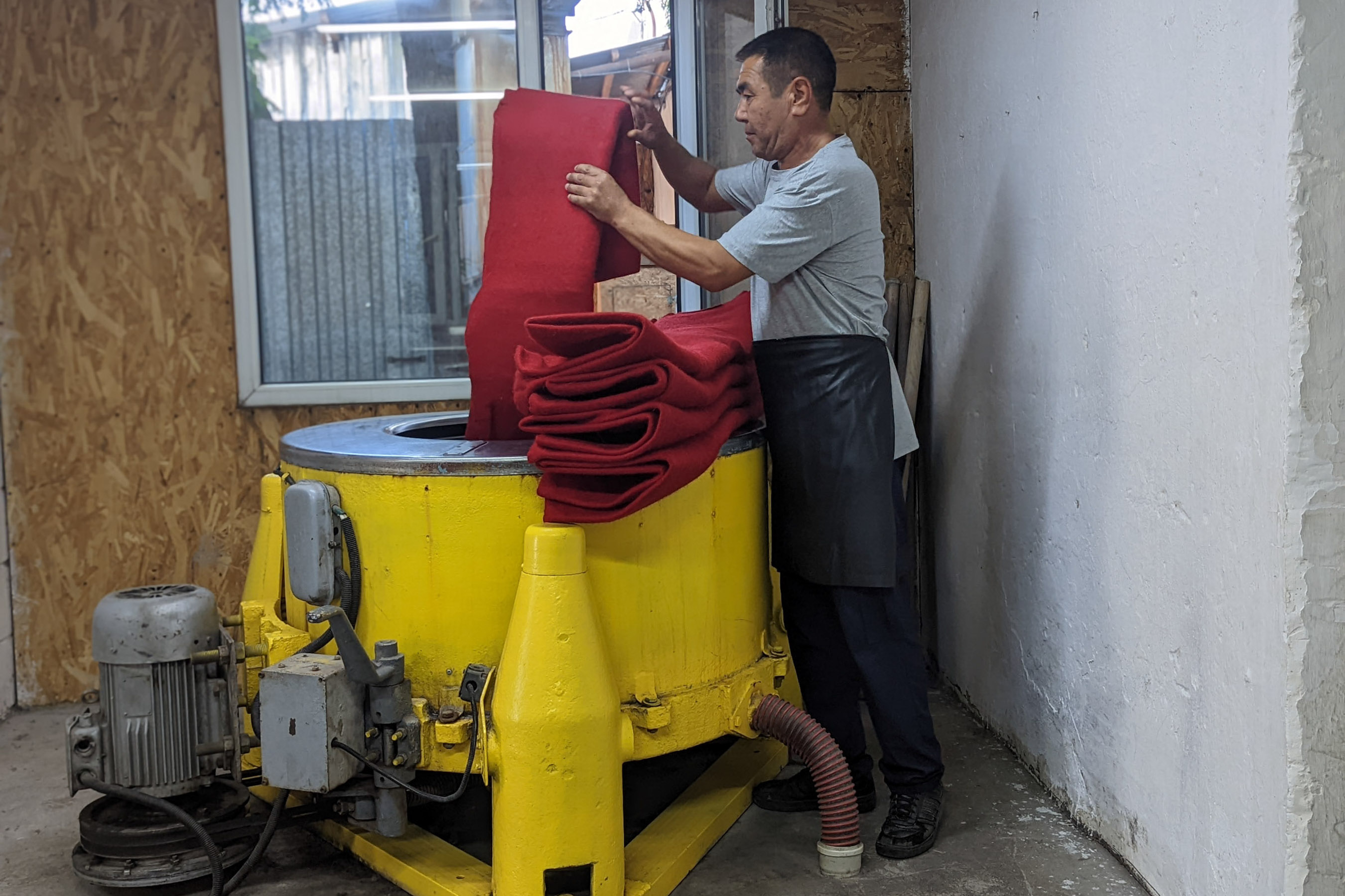 Sheet felt is being dried in a large centrifuge — a piece of Soviet equipment “which we accidentally found during the dismantling of an old factory where we produced blankets,” Makashova said.