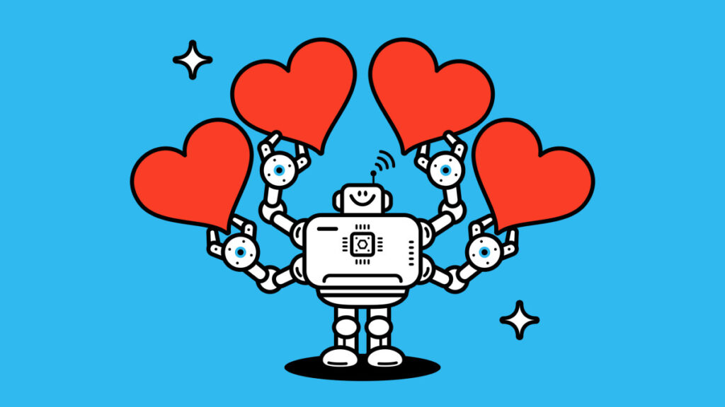 An illustrated robot holds four red hearts with its four robotic arms.