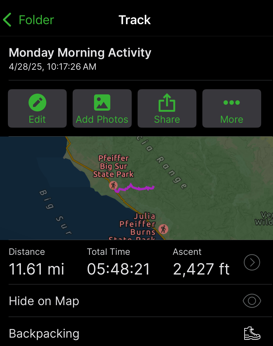 A screenshot from a cell phone, showing the recording of my hike on Gaia GPS