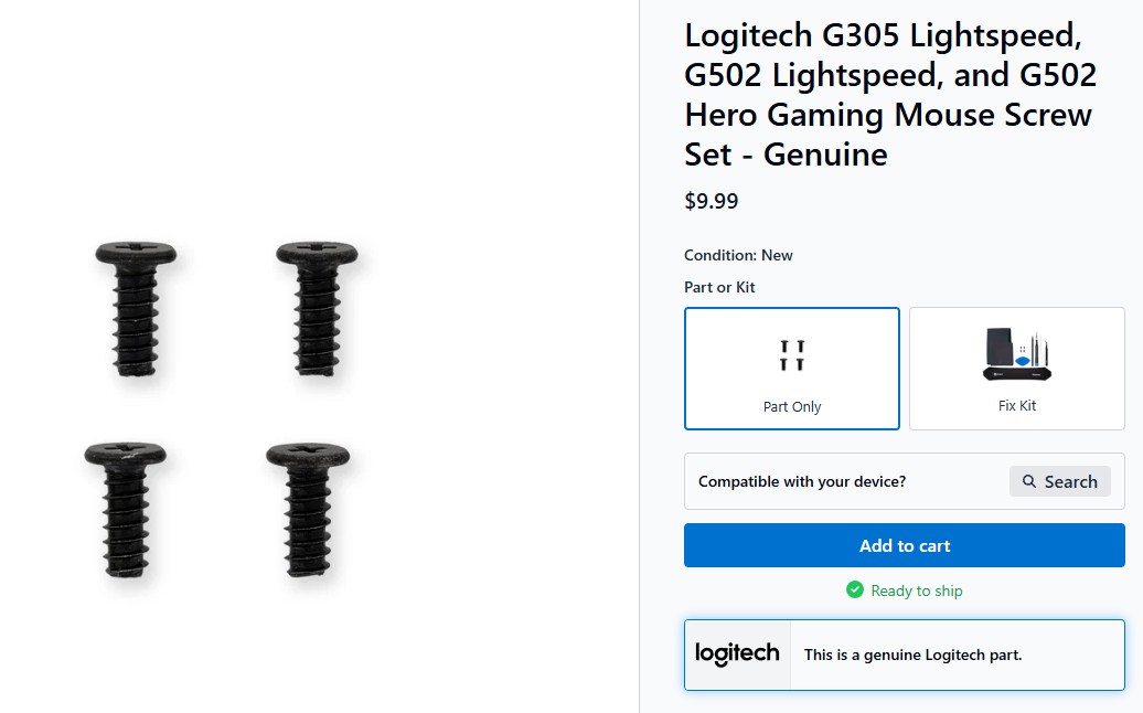 An image of 4 Logitech screws for ten dollars on iFixit’s site