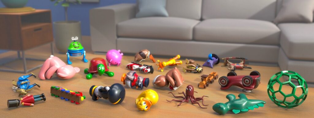 Using the algorithm to synthesize a household sene cluttered with toys, showing the most likely resting configuration for each.