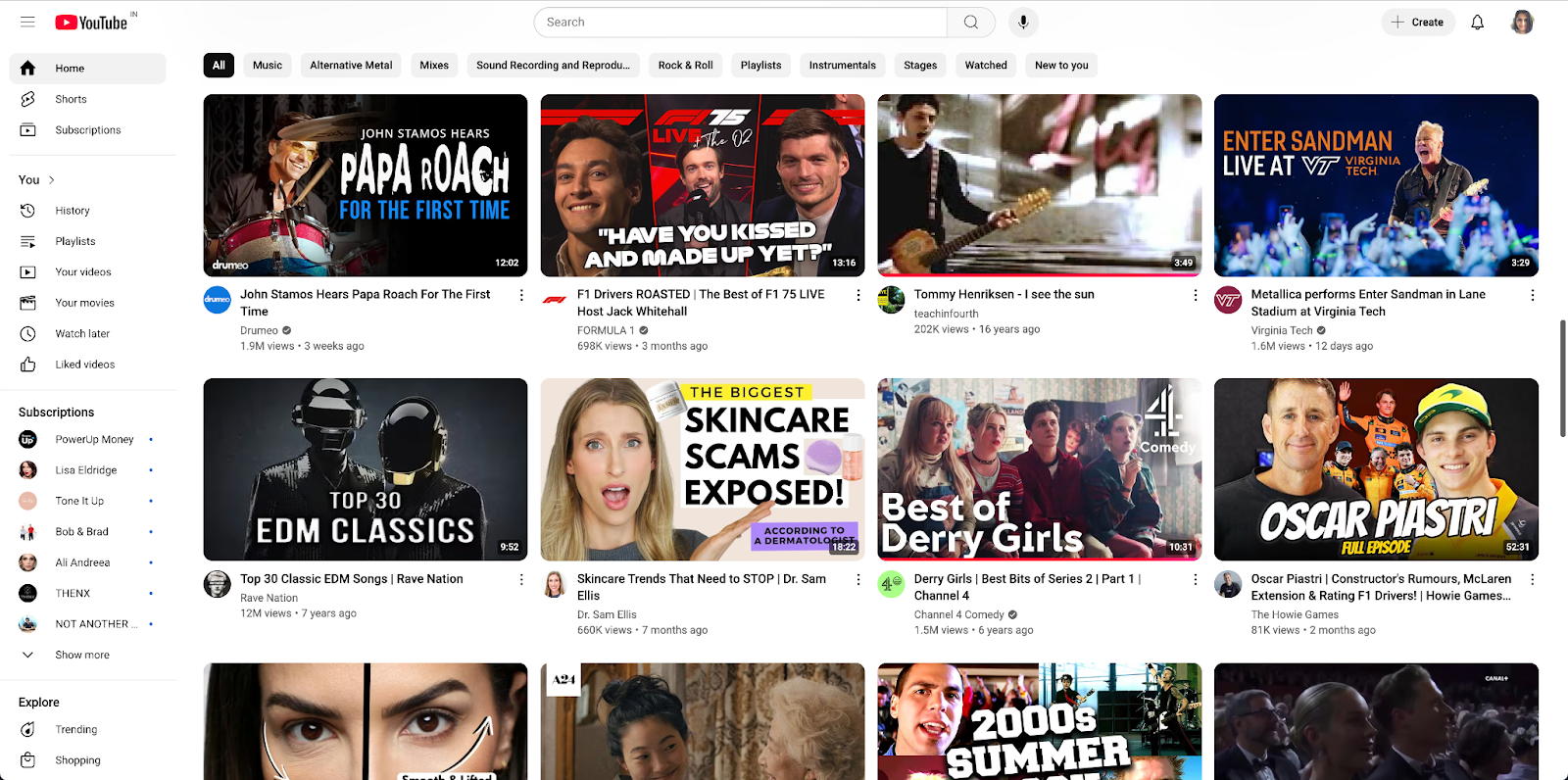 A screenshot of the unique reccommedations on the writer's YouTube homepage