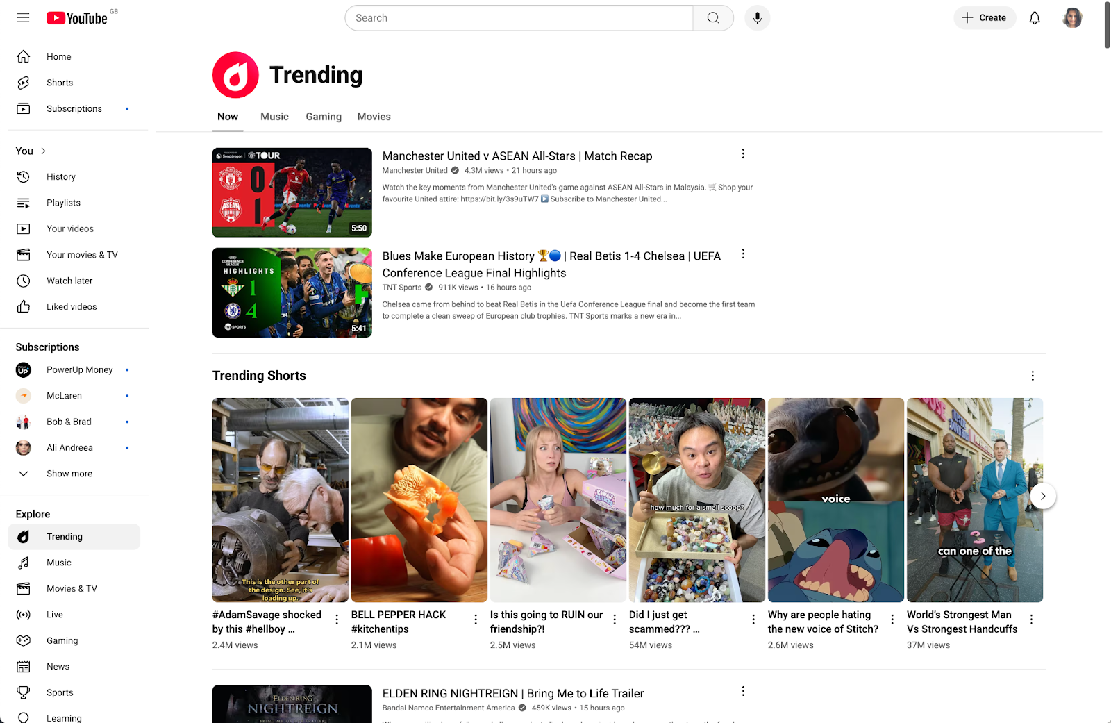 a screenshot of YouTube's trending page. 