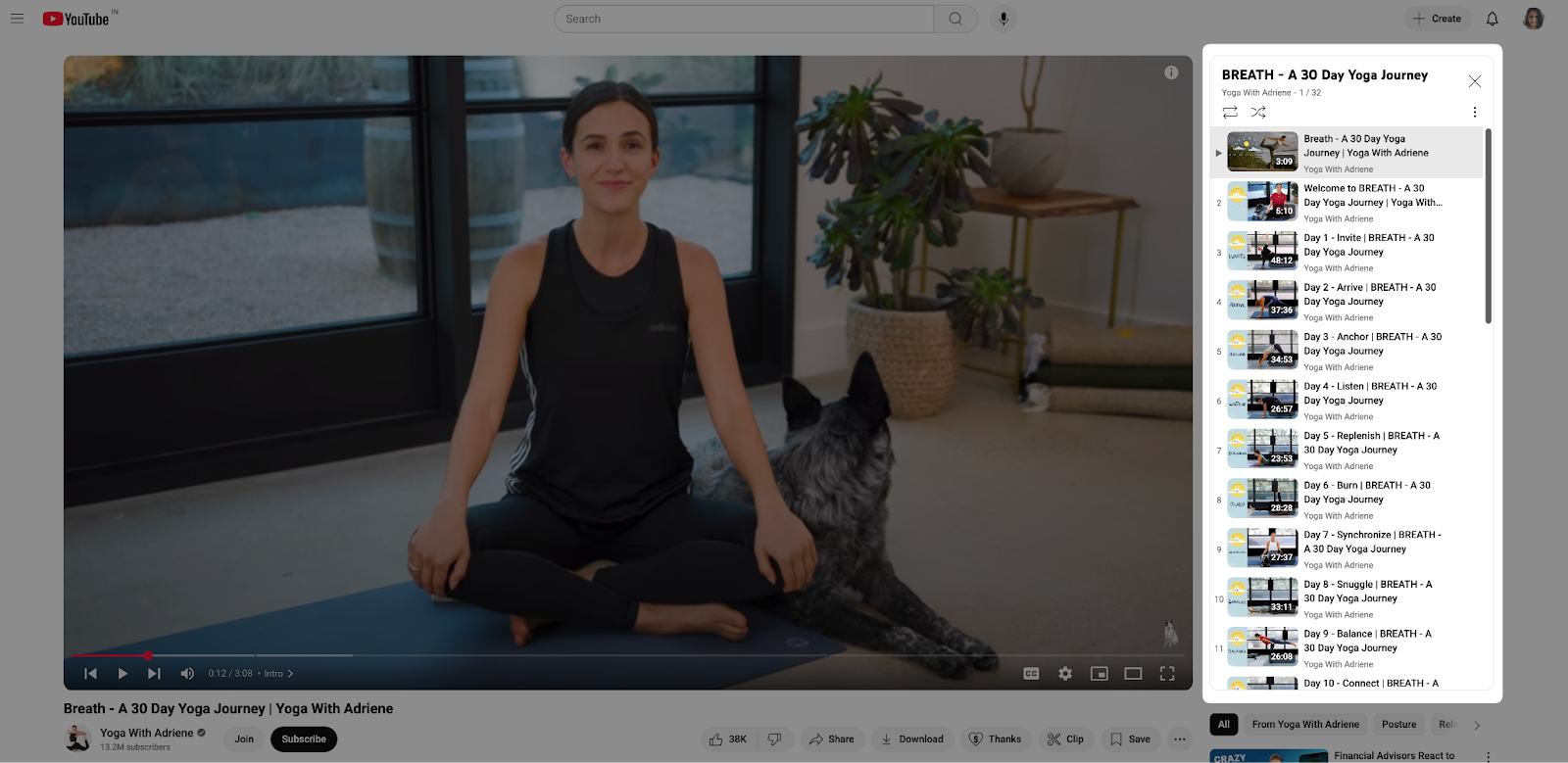a screenshot of Yoga with Adrienne's YouTube series 