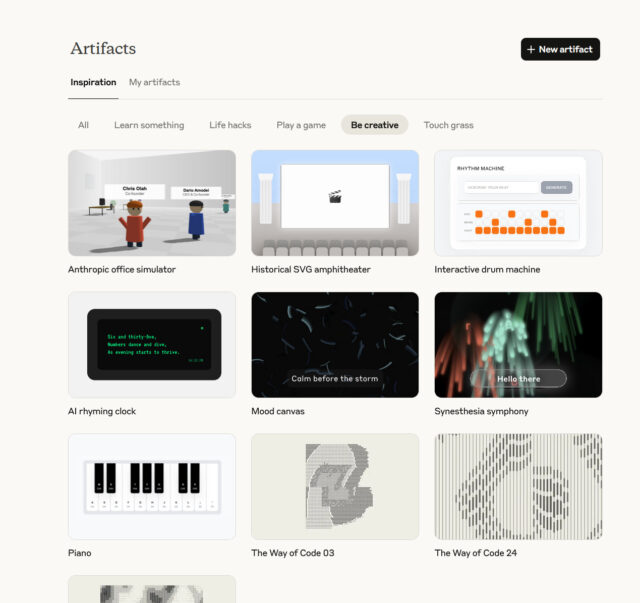 A view of the Anthropic Artifacts gallery in the "be creative" section.