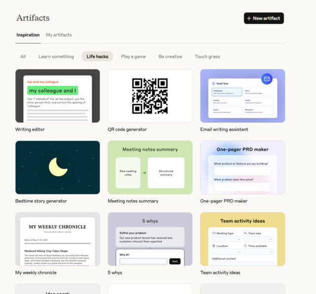 A view of the Anthropic Artifacts gallery in the "life hacks" section.