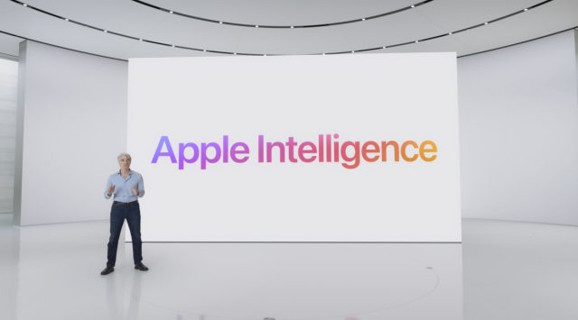 Craig Federighi stands in front of a screen with the words "Apple Intelligence"