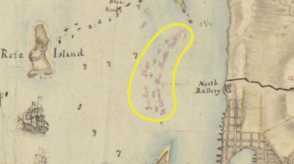 Edward Fage, [Newport and its environs, ca. 1778], William L. Clements Library, University of Michigan, 8380. Note ‘Sunken Ships’ indicated due west of North Battery (circled).
