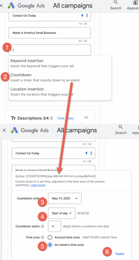 screenshot of countdown timer steps in google ads