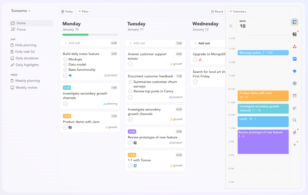 screenshot of productivity tool sunsama
