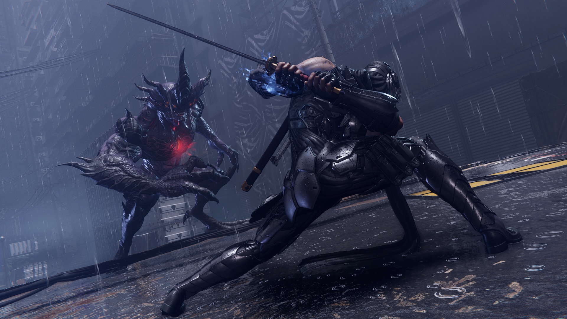 Screenshot from Ninja Gaiden 4 that features one of the game’s protagonists in the rain facing down a demon.