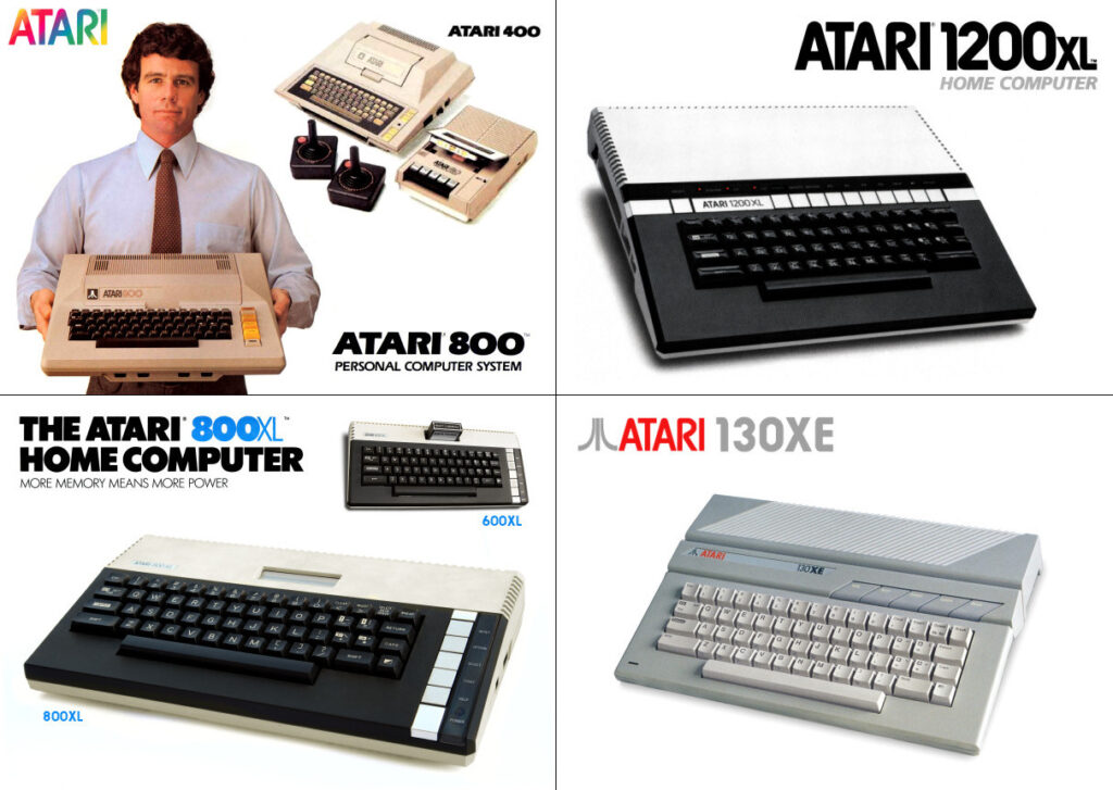 An assortment of some of the Atari 8-bit computer systems released in the 1970s and 80s.