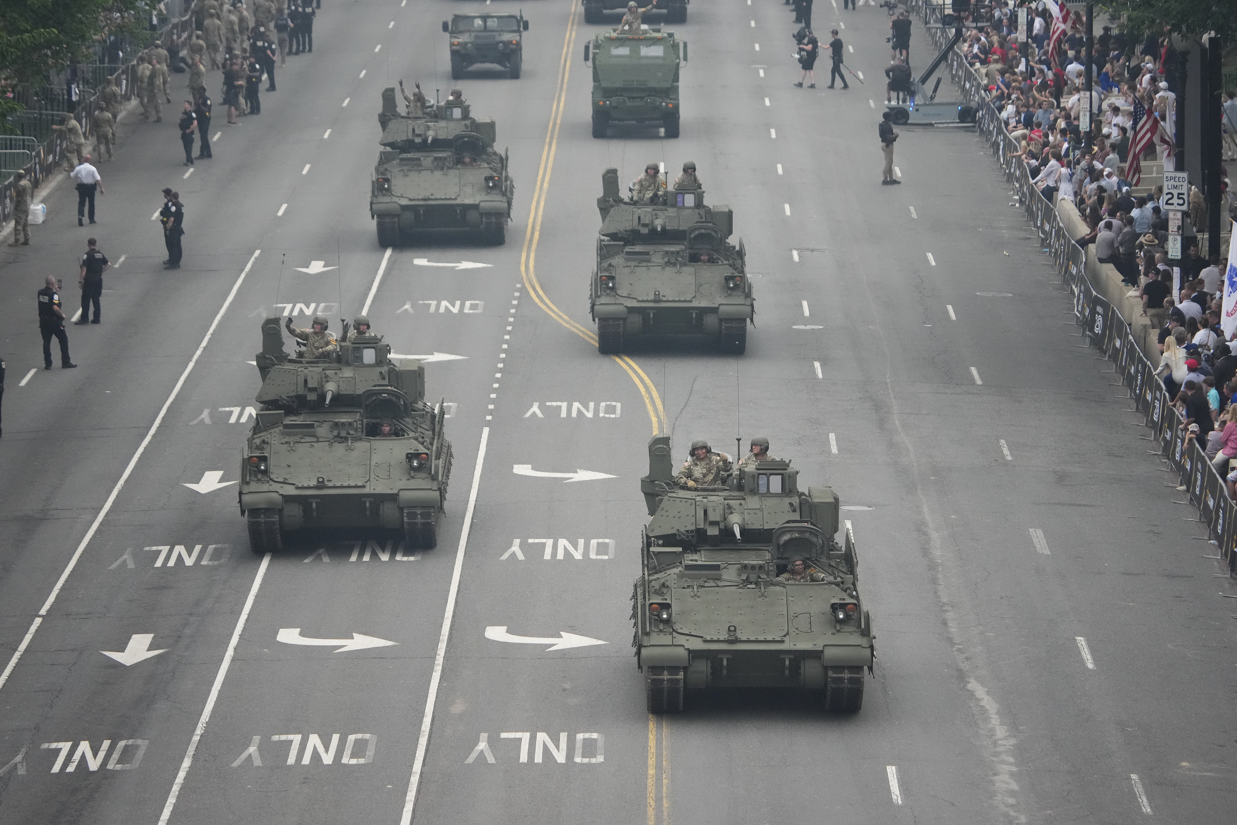 Members of the U.S. Army drive Bradley Fighting Vehicles in the 250th birthday parade on June 14, 2025 in Washington, DC.