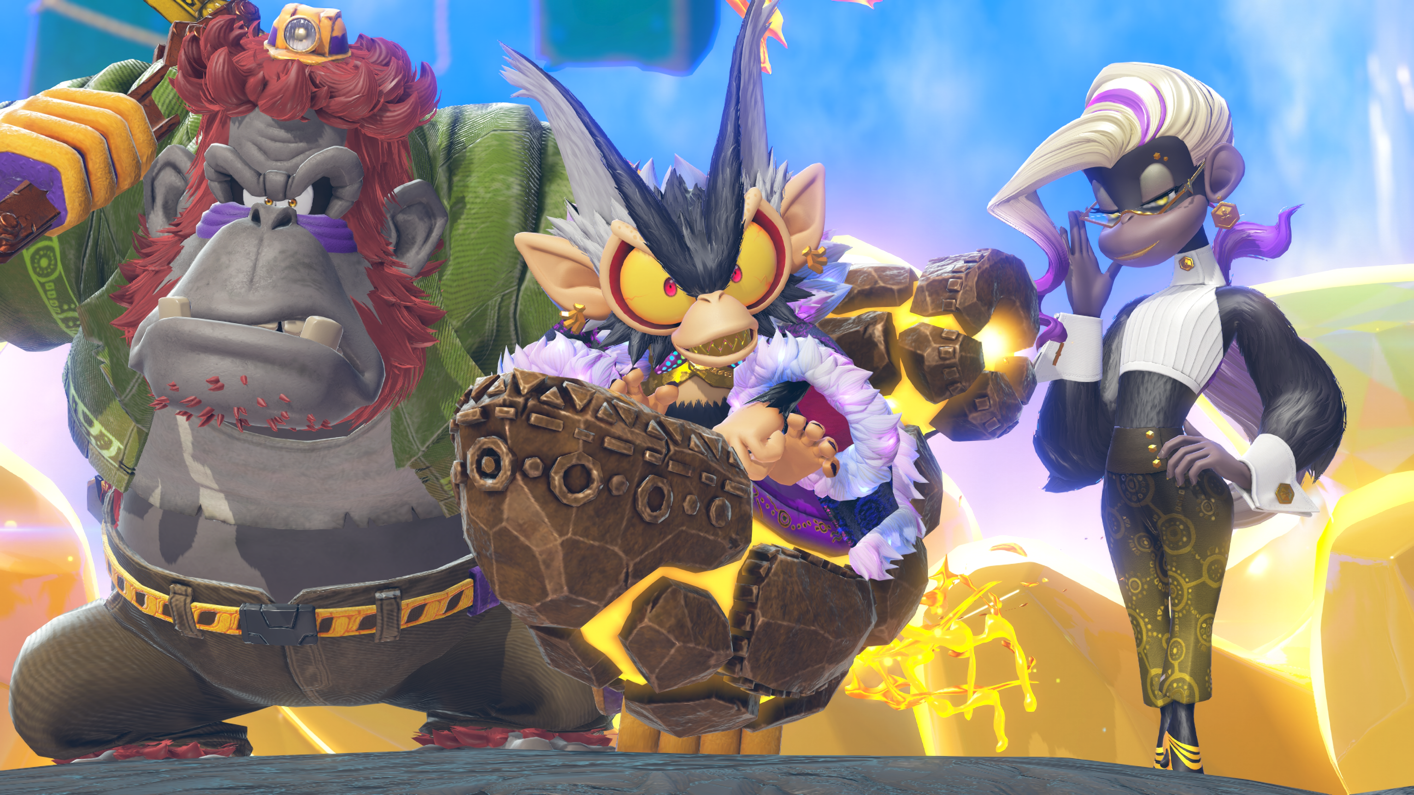 Screenshot from Donkey Kong Bananza featuring three ape like characters from left to right: Grumpy Kong, Void Kong, and Poppy Kong.