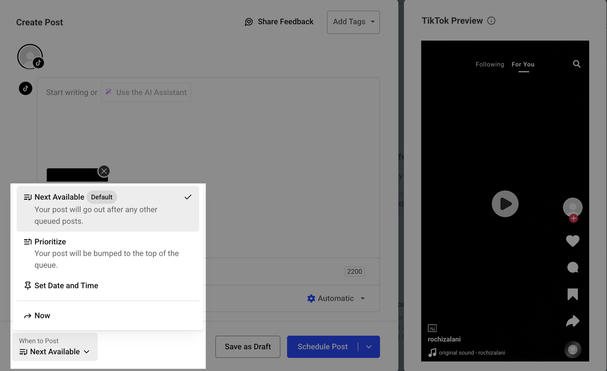a view of the tiktok composer in buffer with the various scheduling options highlighted