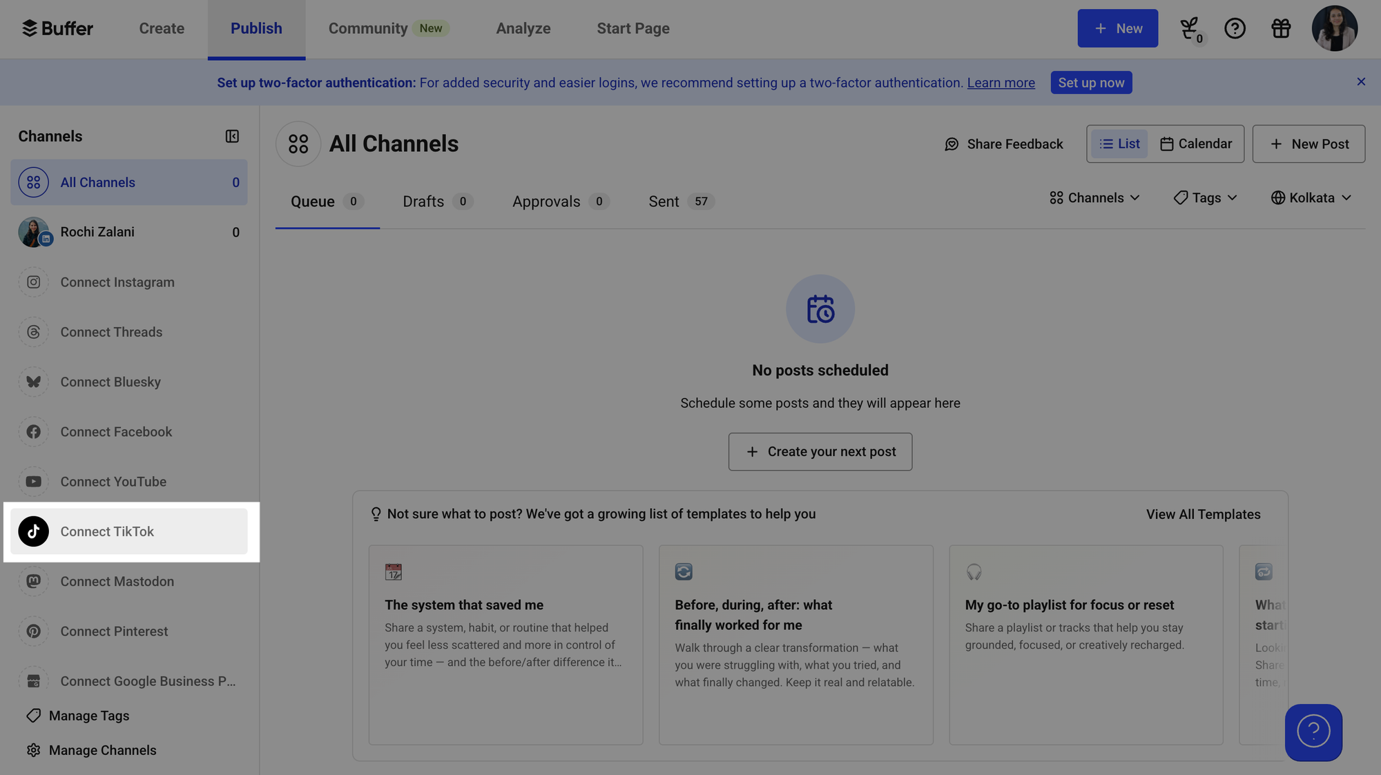 a screenshot of buffer, with the connect Tiktok button highlighted on the left hand side