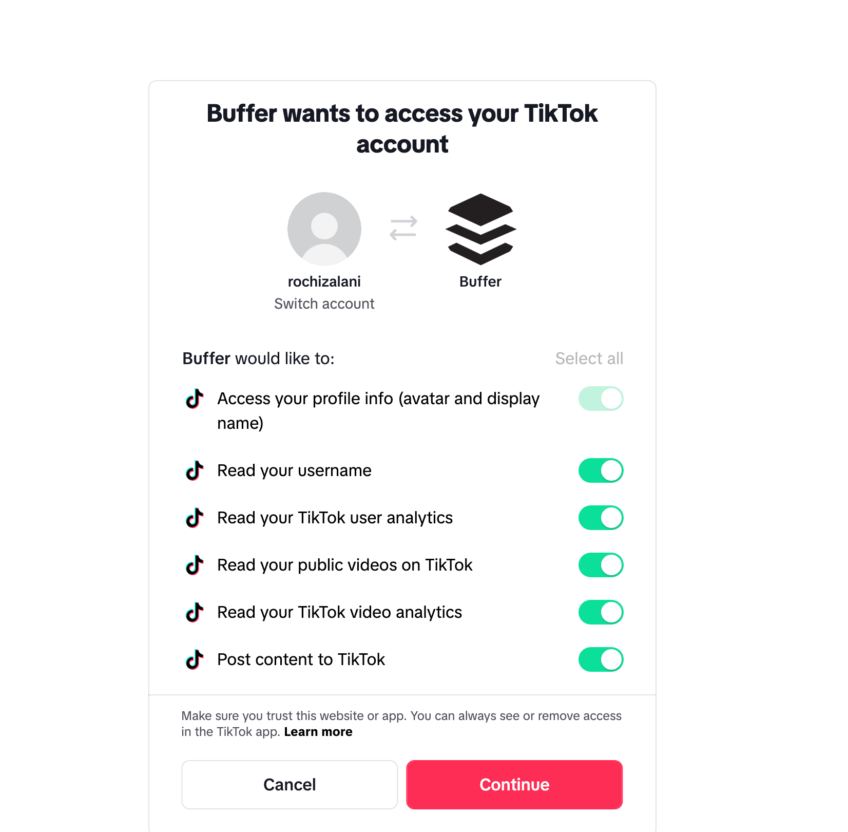 a screenshot of permissions to toggle on to connect TikTok to Buffer