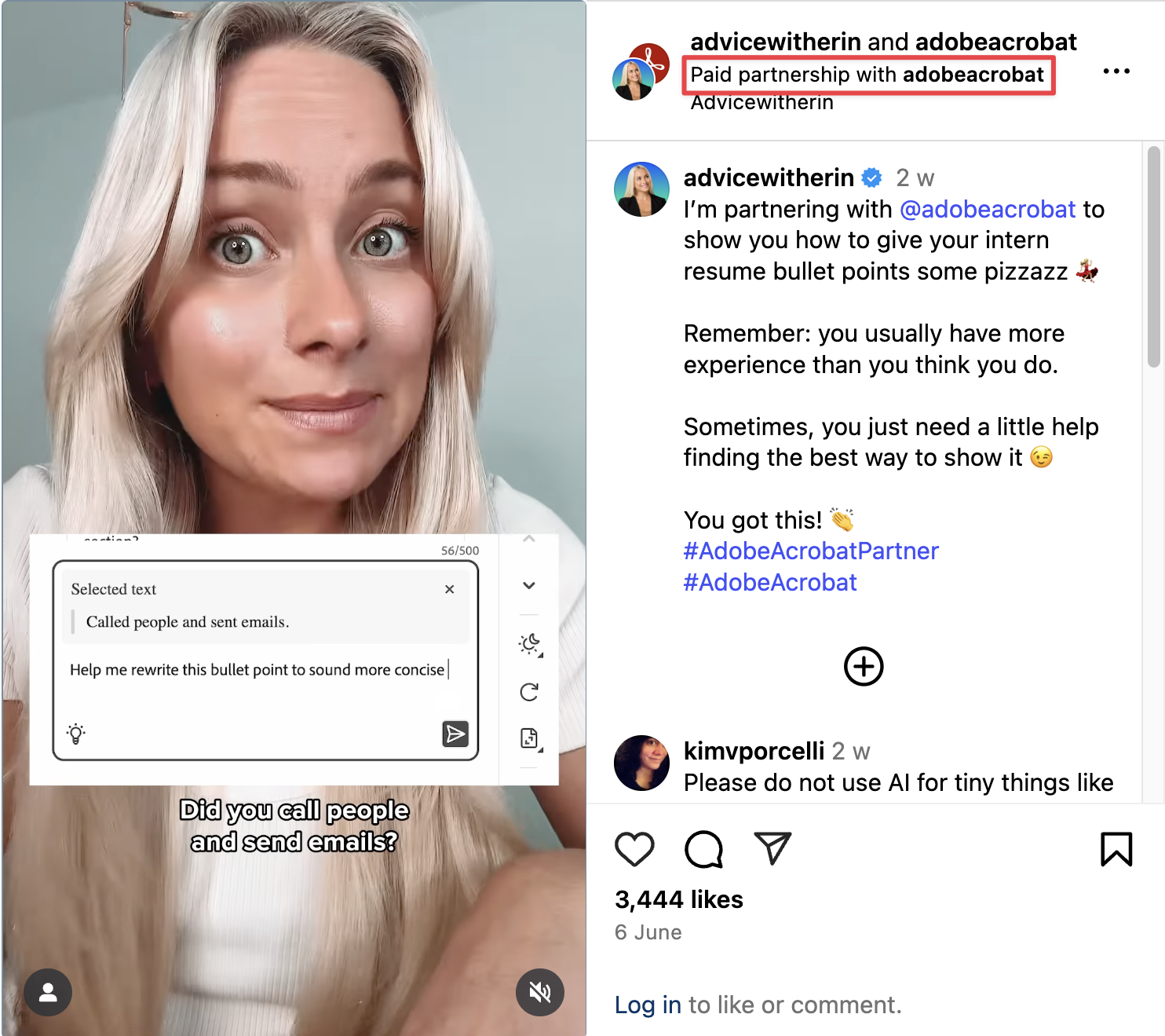 screenshot of Erin McGoff and Adobe Acrobat's collab post on Instagram