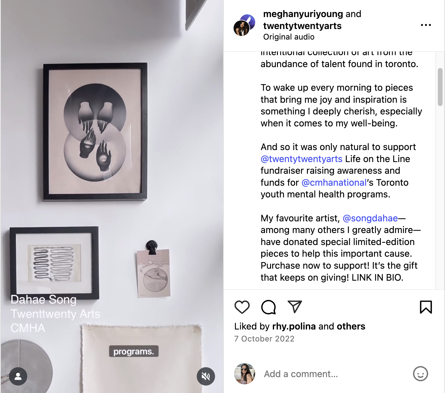 screenshot of Meghan Yuri Young and Twentytwenty Arts's collab post on Instagram