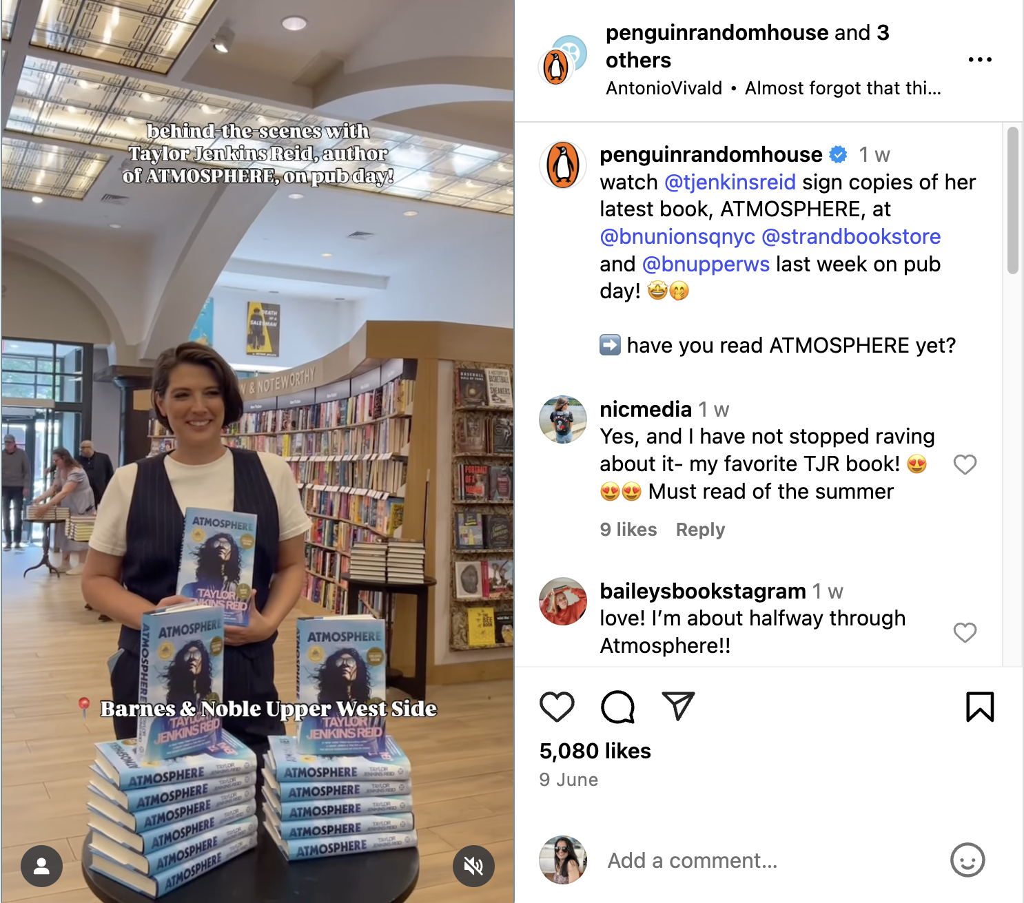 screenshot of Taylor Jenkins Reid, Random House and Ballantine Books' collab post on Instagram