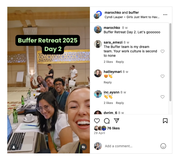 screenshot of Amanda's collab post with Buffer on Instagram while on retreat