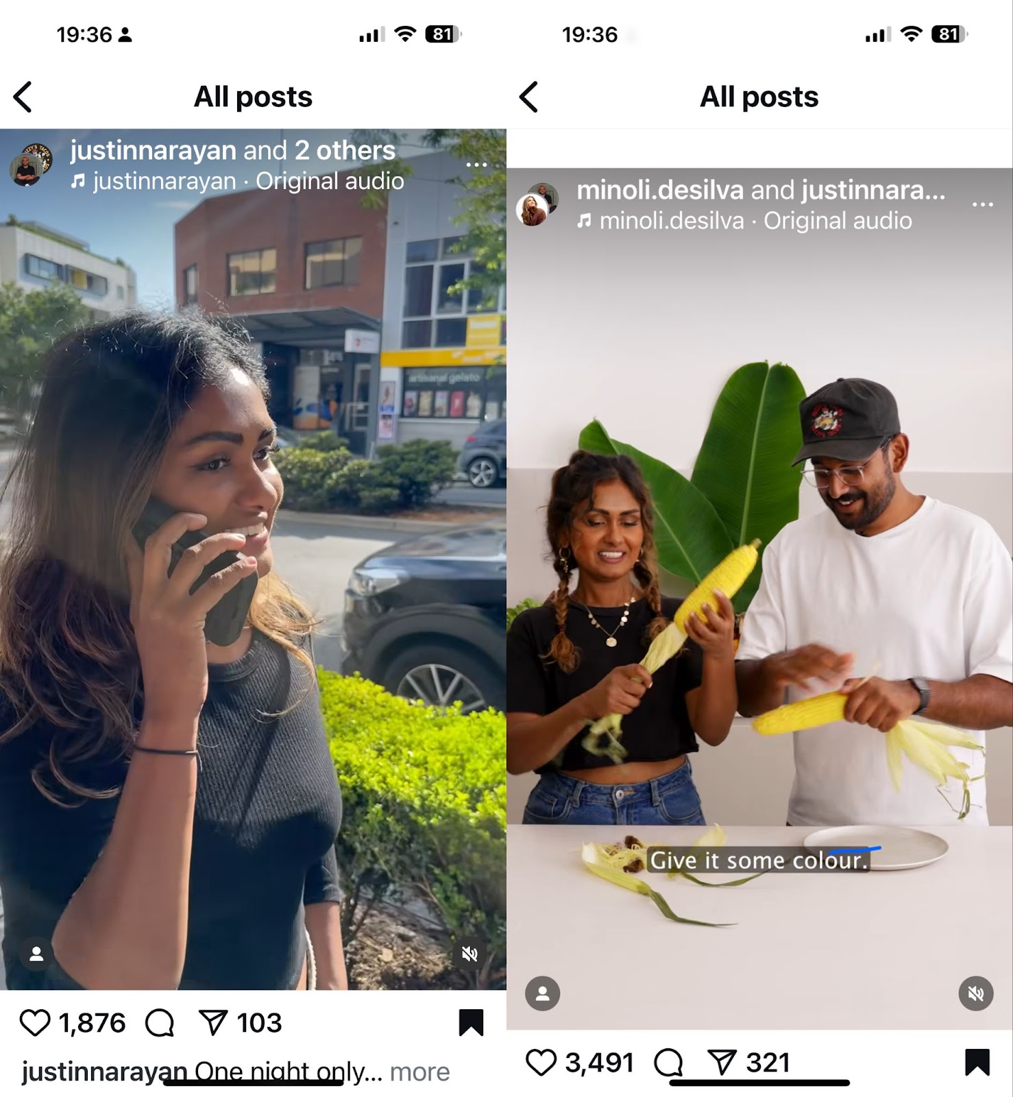 screenshot of Minoli DeSilva and Justin Narayan's collab post on Instagram