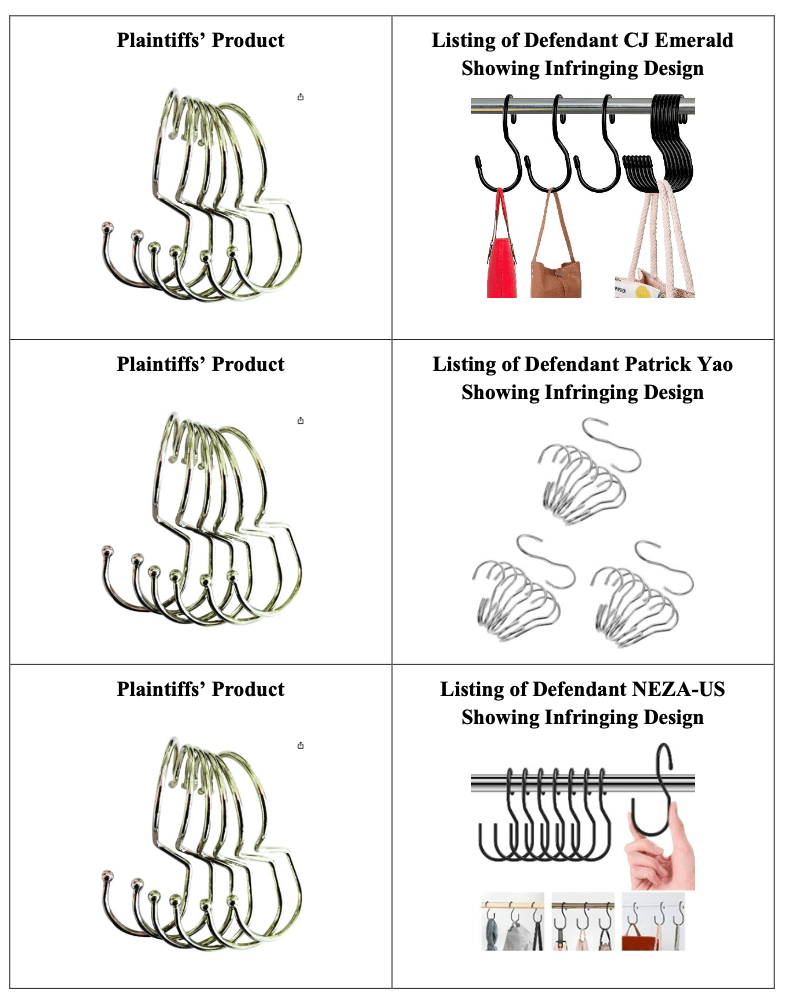 A chart of several handbag hooks compared to Jacki Easlick’s original. The shapes and colors are different in each.