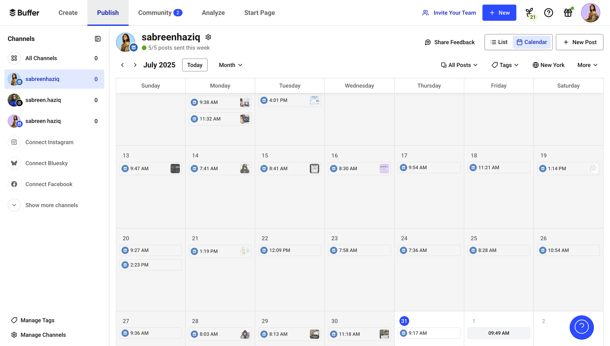 sabreen's social media calendar in buffer