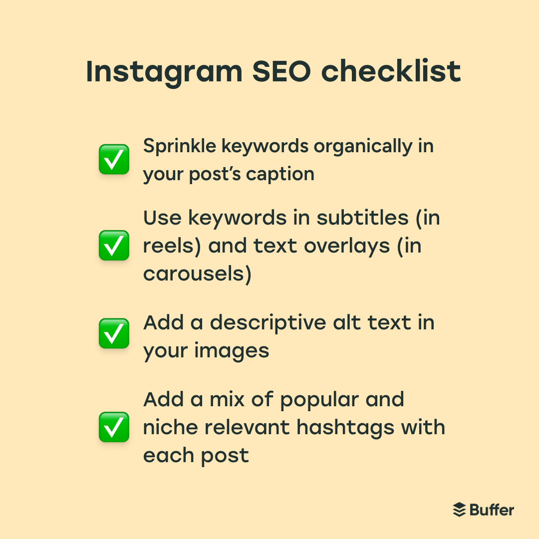 Instagram SEO checklist that says Add keywords in captions, subtitles, and alt text; Use text overlays in carousels and Reels;l Include a mix of niche and popular hashtags