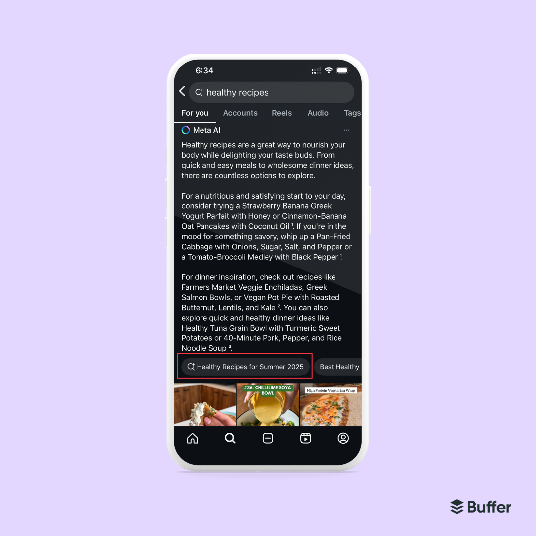 Screenshot of Instagram’s For You tab showing a Meta AI-generated post result for the search term “healthy recipes,” with detailed text suggestions and search tags.