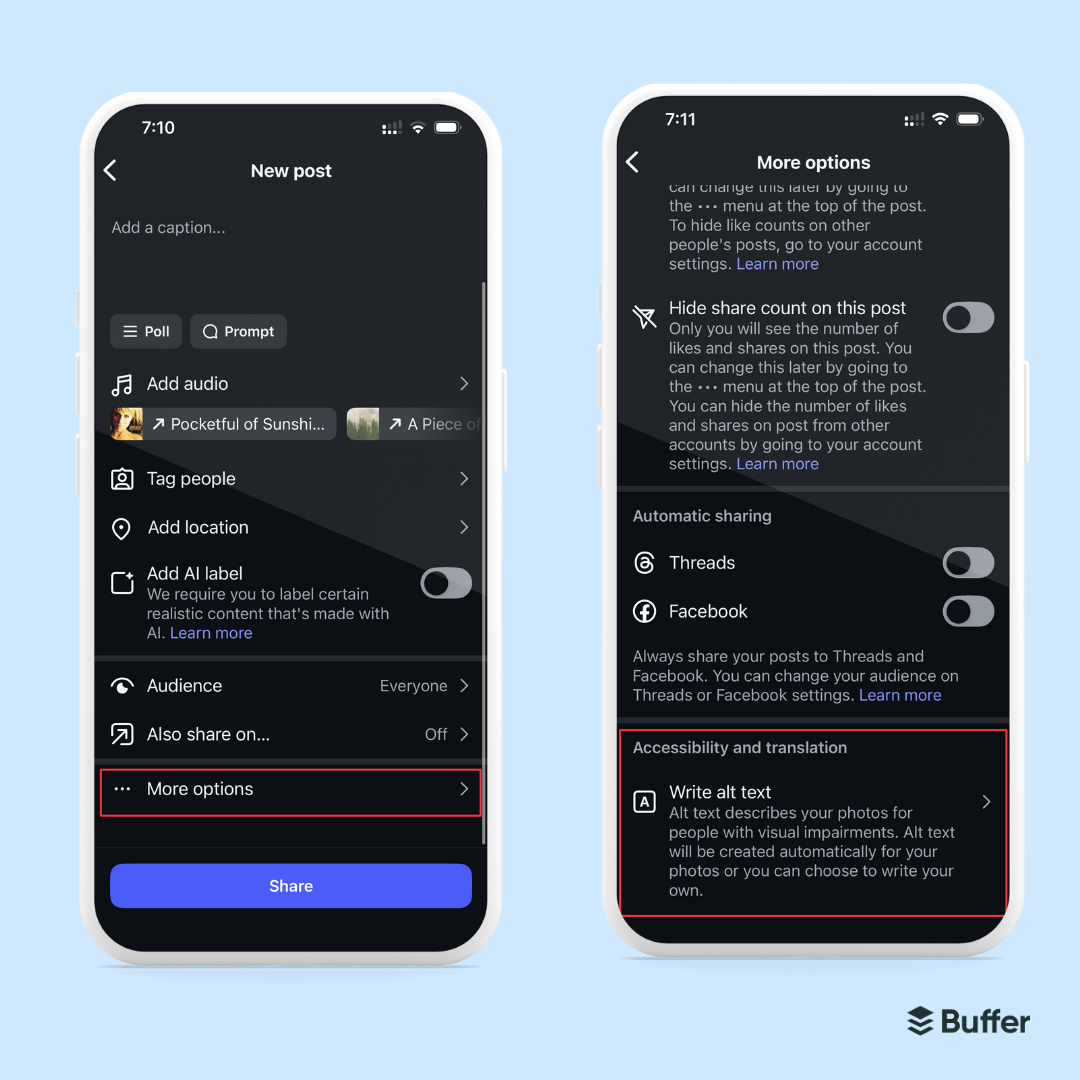 Screenshot showing Instagram’s post settings interface, with options to add AI labels, share to Threads/Facebook, and write alt text for accessibility.
