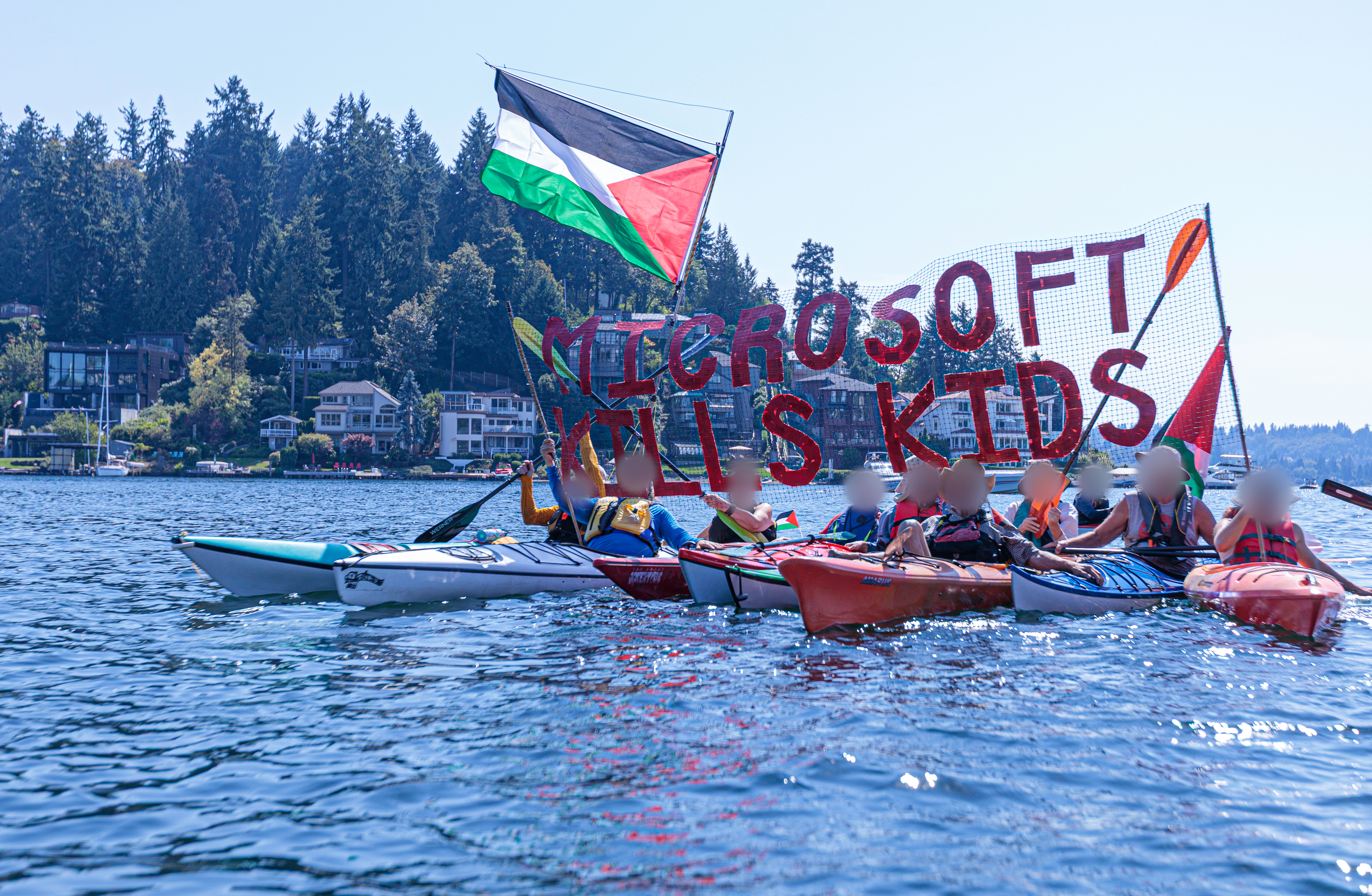 Protesters used kayaks outside Satya Nadella and Brad Smith’s homes.
