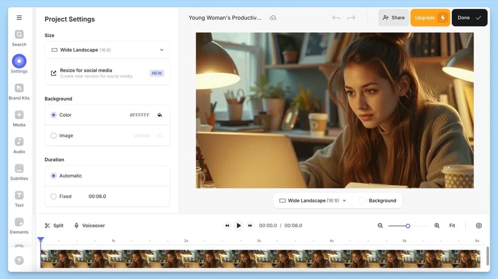 Veed video editor showing a project with a young woman at her laptop. Settings include background color, duration, and size, with tools for subtitles, text, audio, and more.