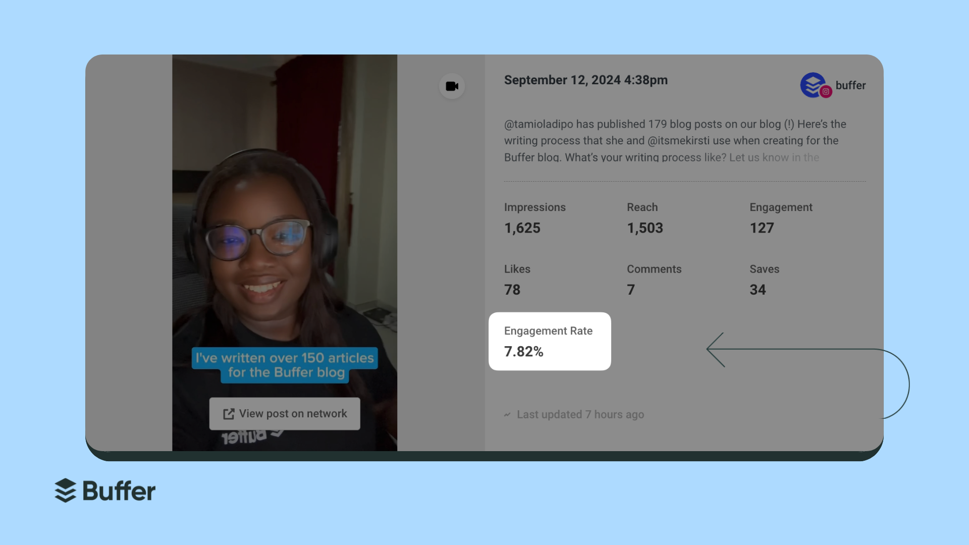 Alt text (under 190 characters): Screenshot of a Buffer video post showing engagement metrics: 1,625 impressions, 127 engagements, and a 7.82% engagement rate. Tami Oladipo is featured in the video thumbnail.