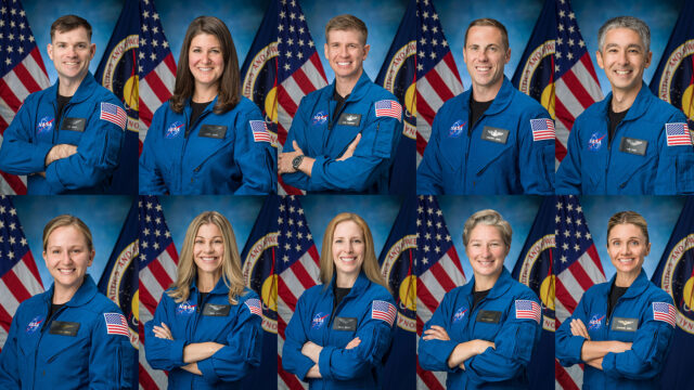 Montage of 10 portraits, each showing one of four men or six women, all wearing blue flights and backdropped by an American flag