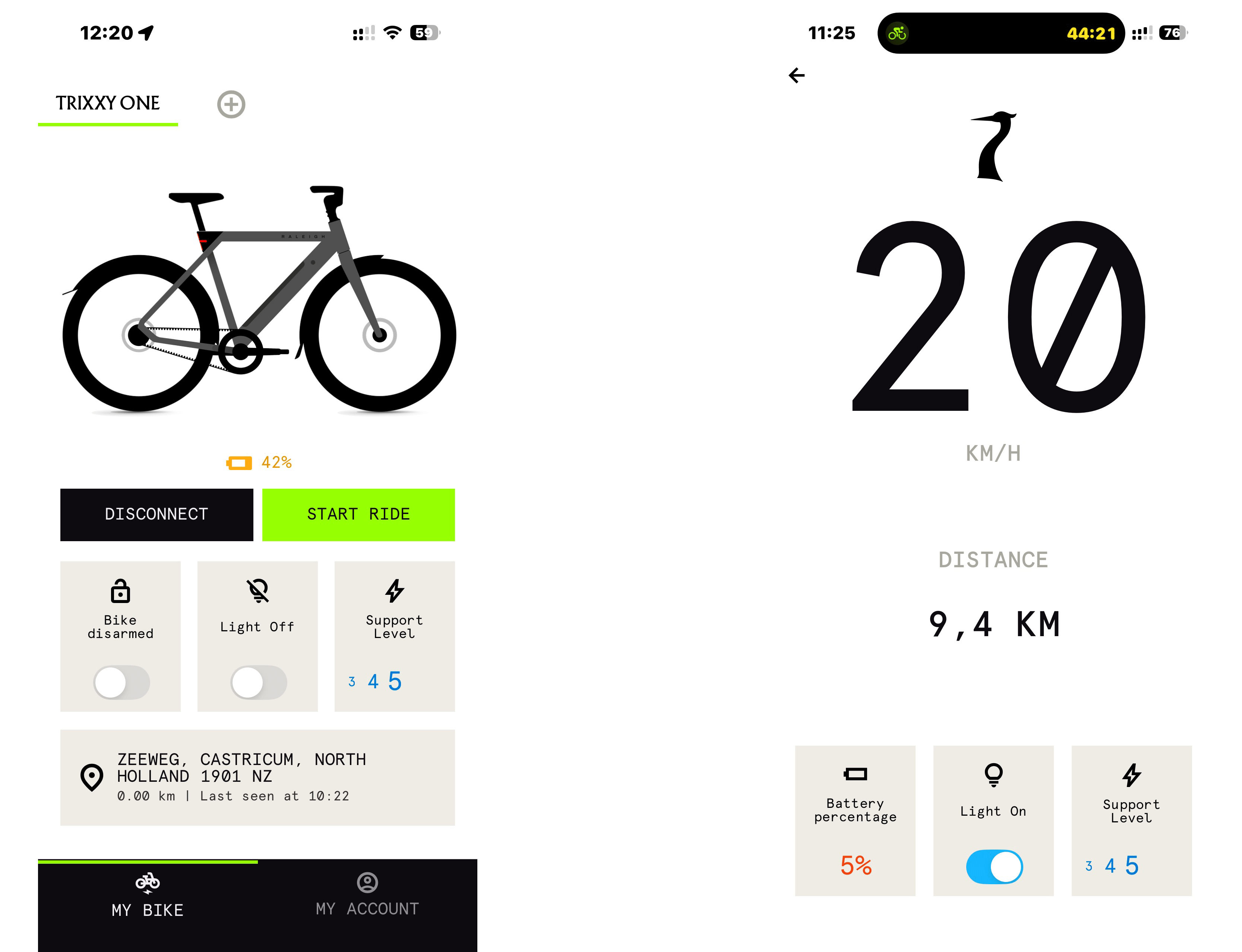 The Raleigh app is basic but does what I need. On the left is the main status screen, on the right is the dashboard displayed when riding.
