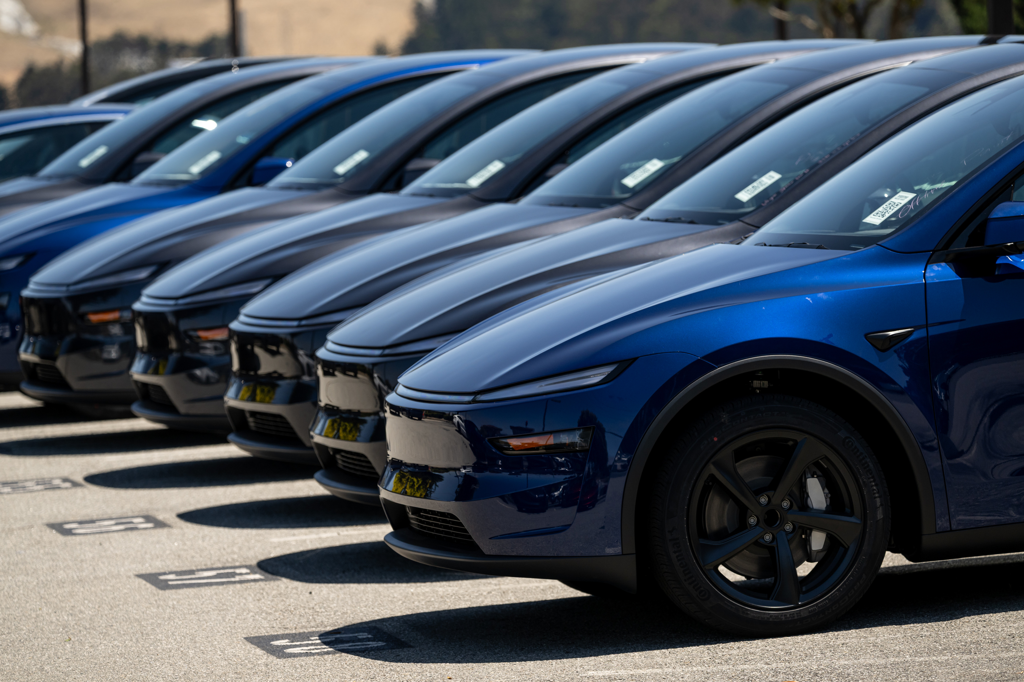Tesla Model Y electric vehicles at a dealership in Colma, California, on July 1st. Tesla&nbsp;shares fell 4.7 percent in US premarket trading after President Trump lashed out at&nbsp;Elon Musk, accusing the Tesla and SpaceX chief executive officer of benefiting excessively from government subsidies for electric vehicles.