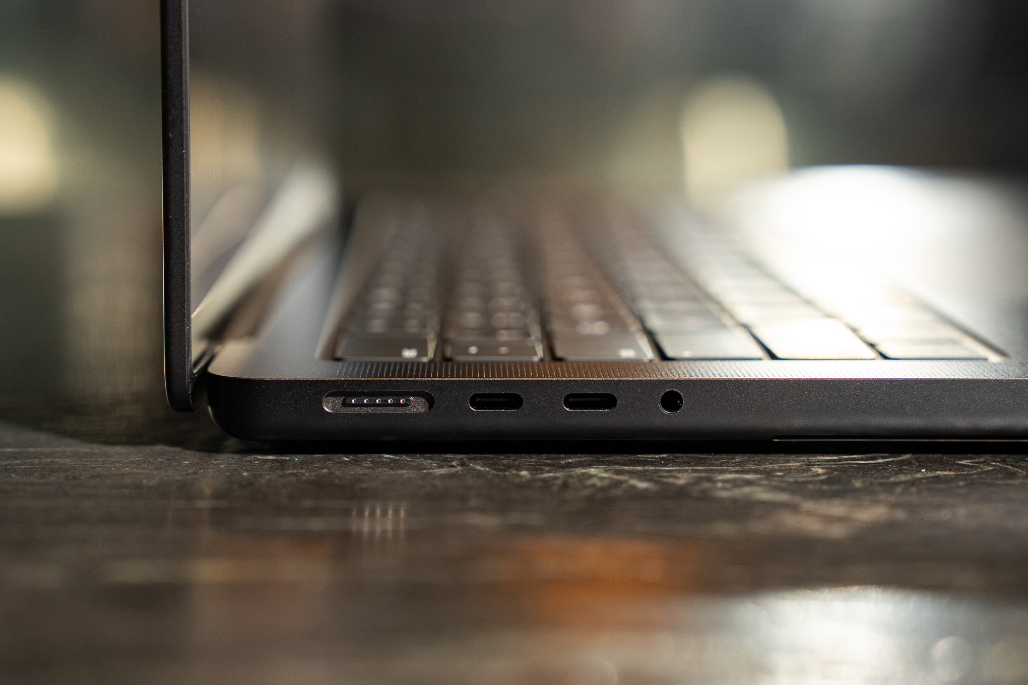 Close-up of the left-side ports of the 2025 14-inch MacBook Pro M5.