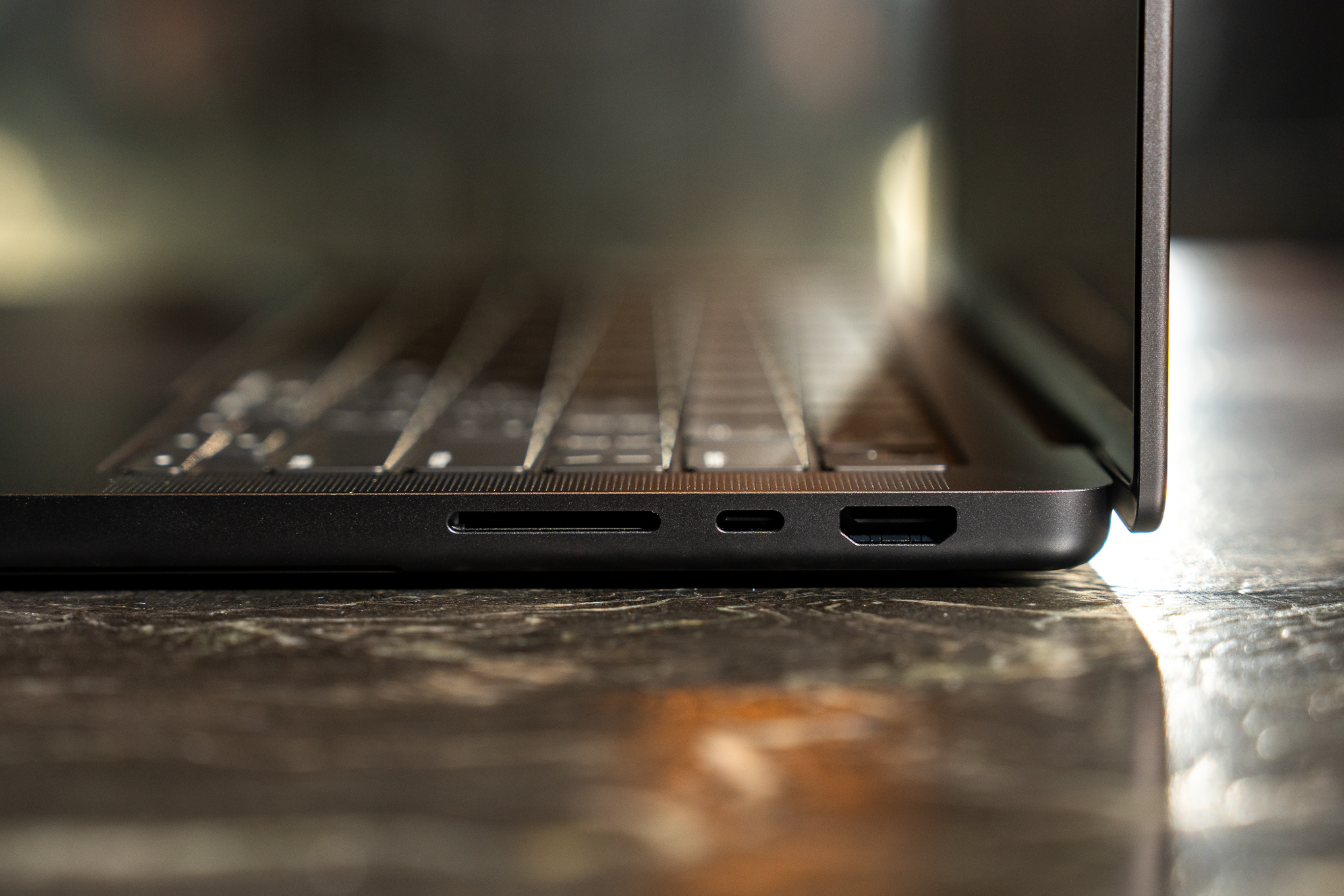 Close-up of the right-side ports of the 2025 14-inch MacBook Pro M5.