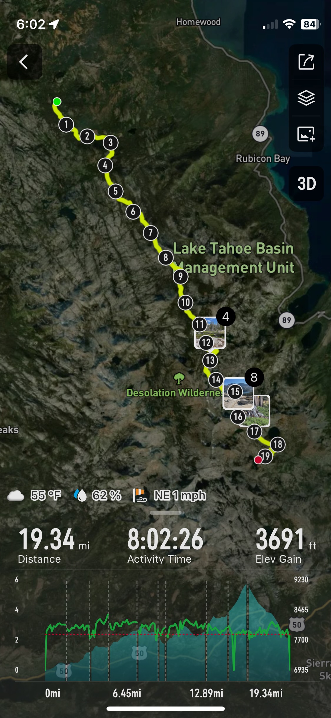 Screenshot from Coros app, showing where along the route I took photos
