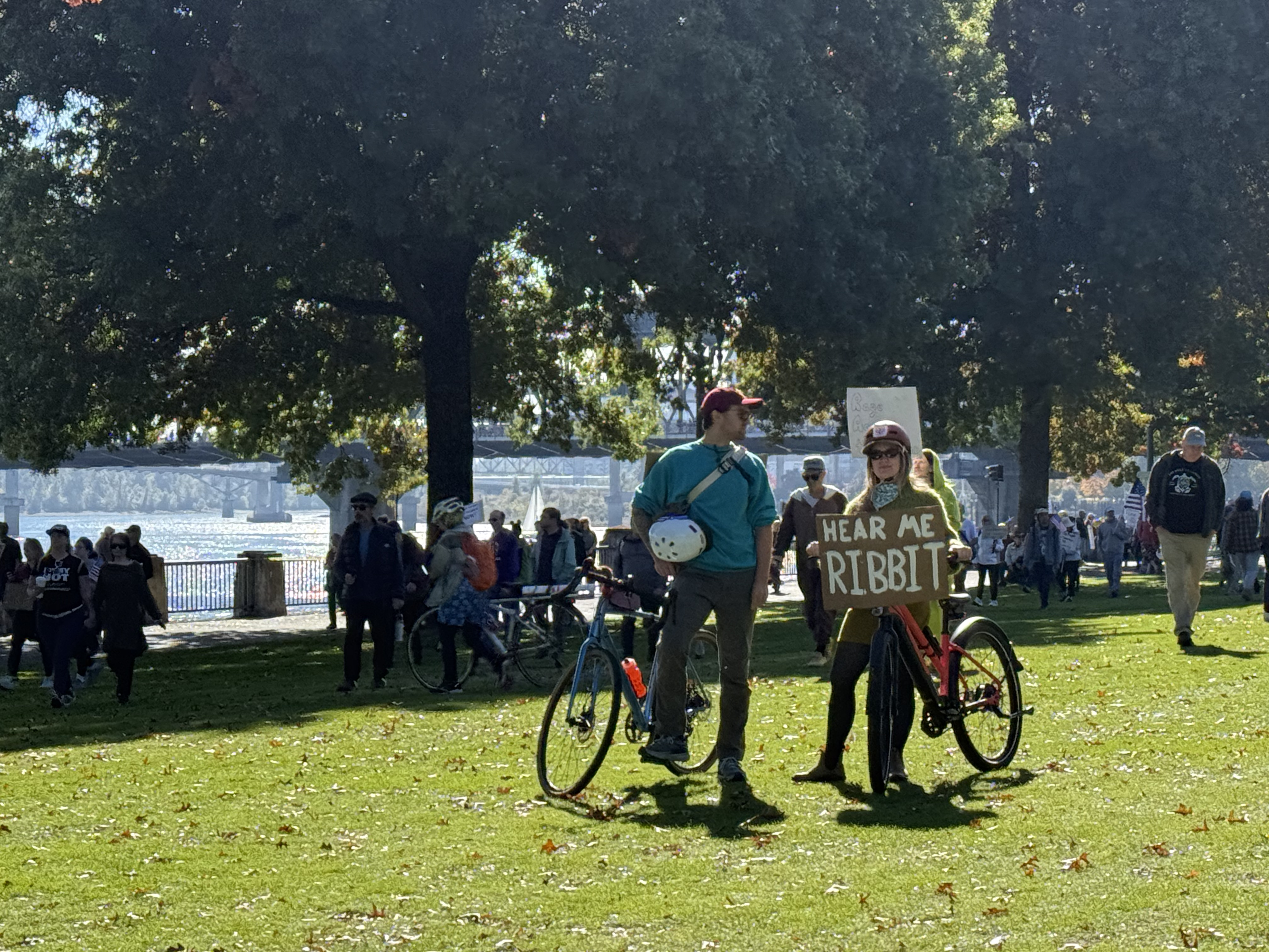 Protesters with bicycles at the No Kings protest by the Portland waterf
