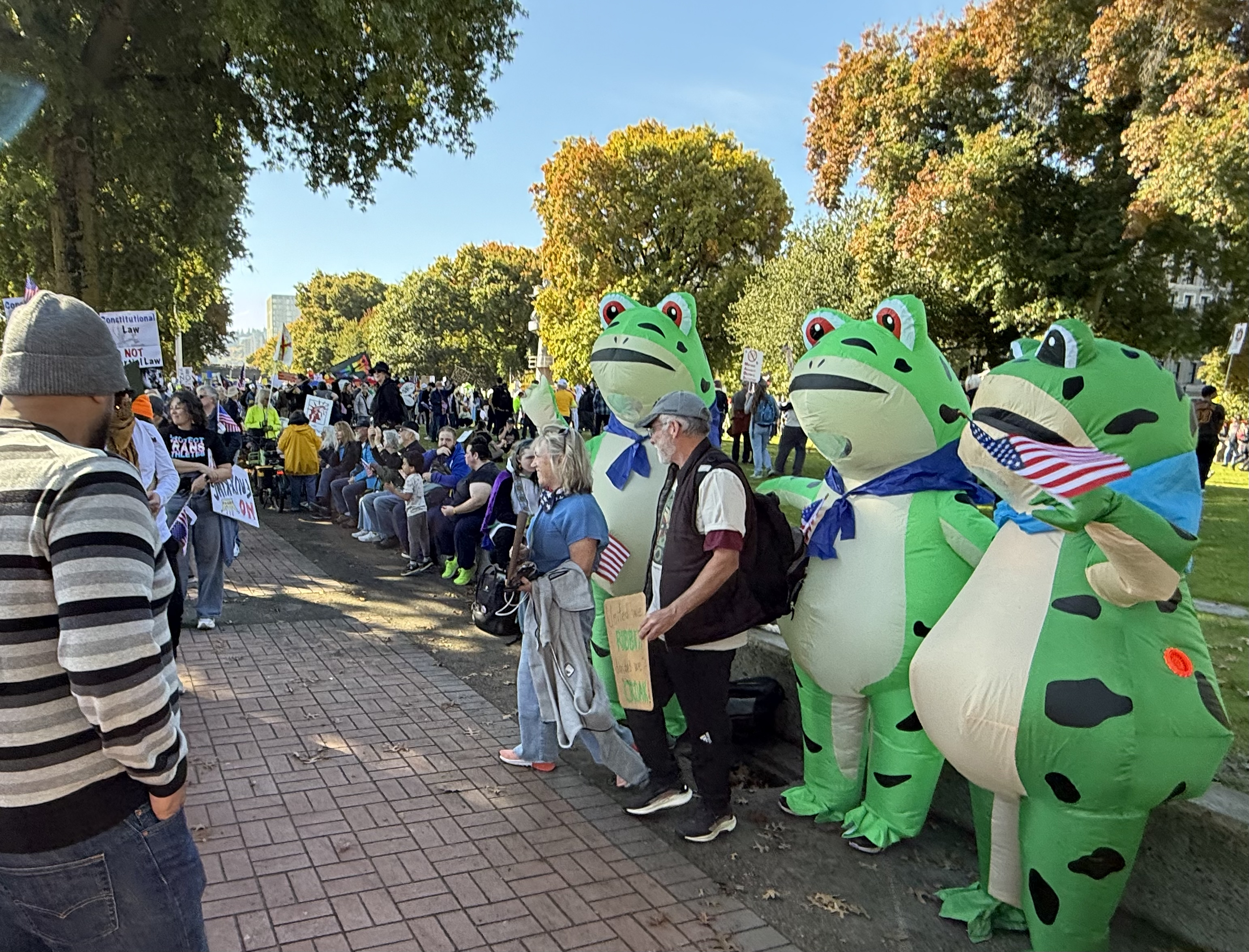 Protesters pose for photos with a trio of inflatable frogs at the October No Kings protest in downtown Portland.
