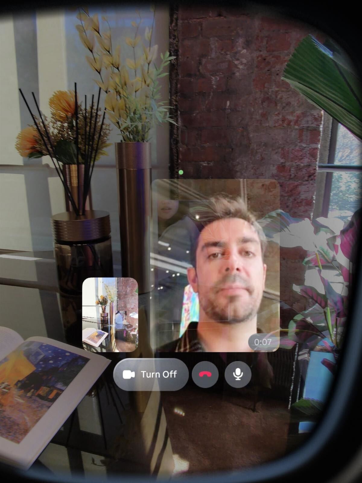 Here’s a simulated first-person view of a live WhatsApp video call. Meta helped us with screen elements recorded on a demo Meta Ray-Ban Display.