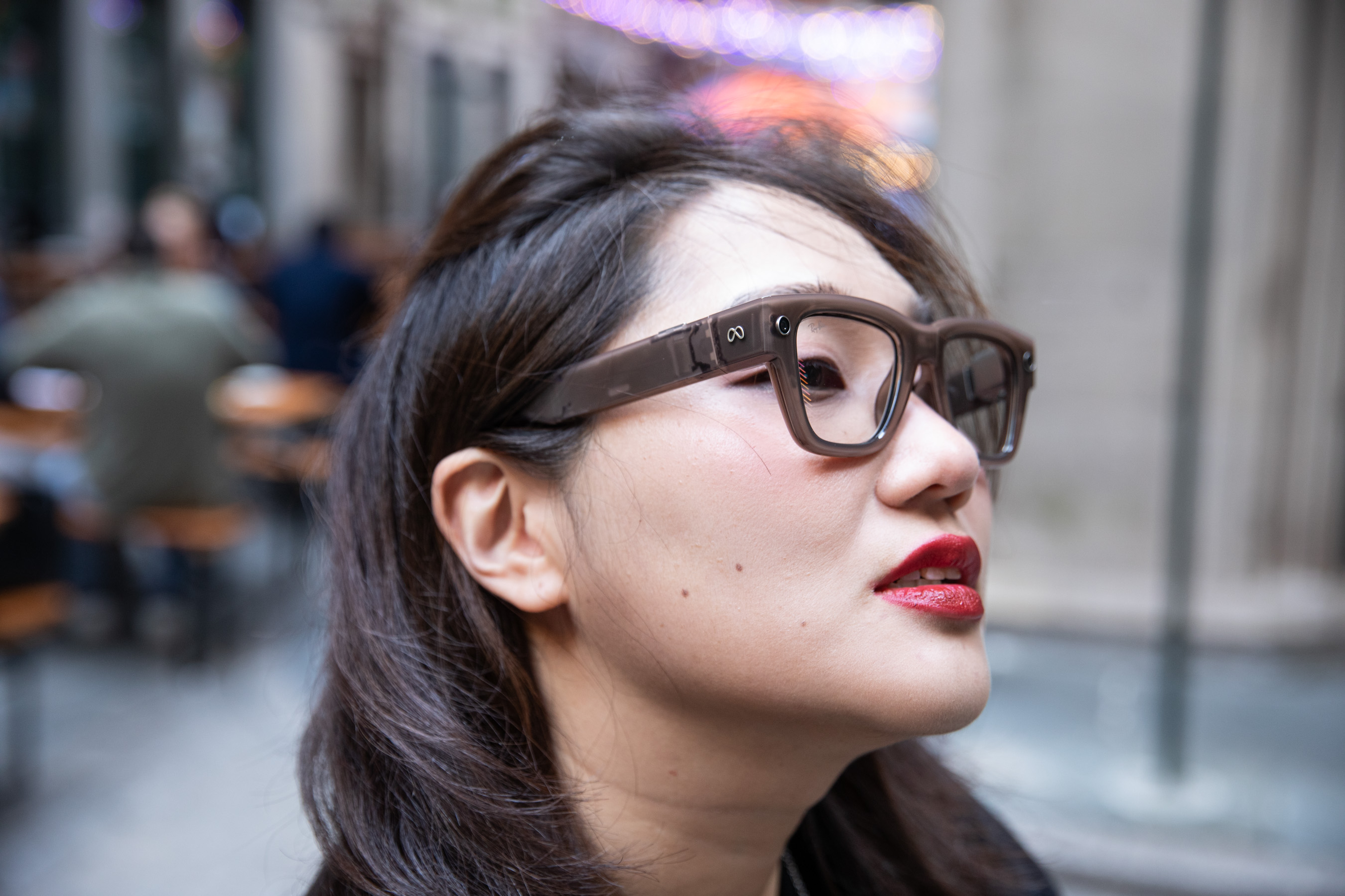 Side profile view of the Meta Ray-Ban Display on Senior reviewer Victoria Song 