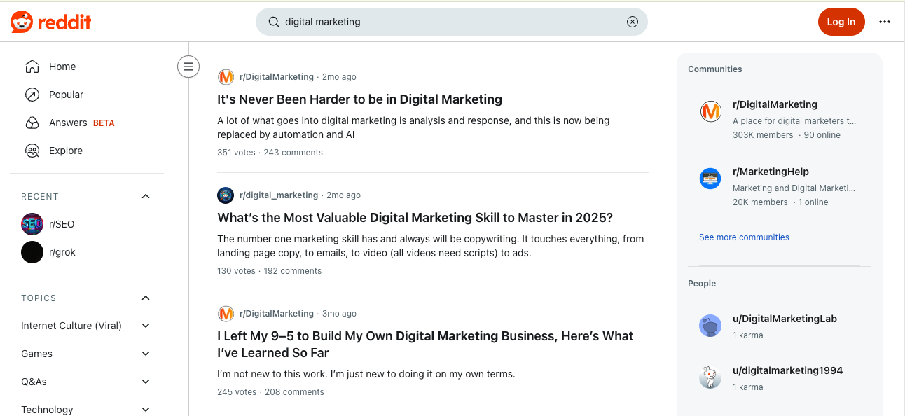 Search for [digital marketing] on Reddit