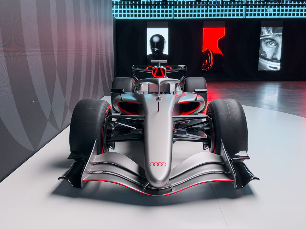Audi's 2026 F1 livery on a show car, seen head-on